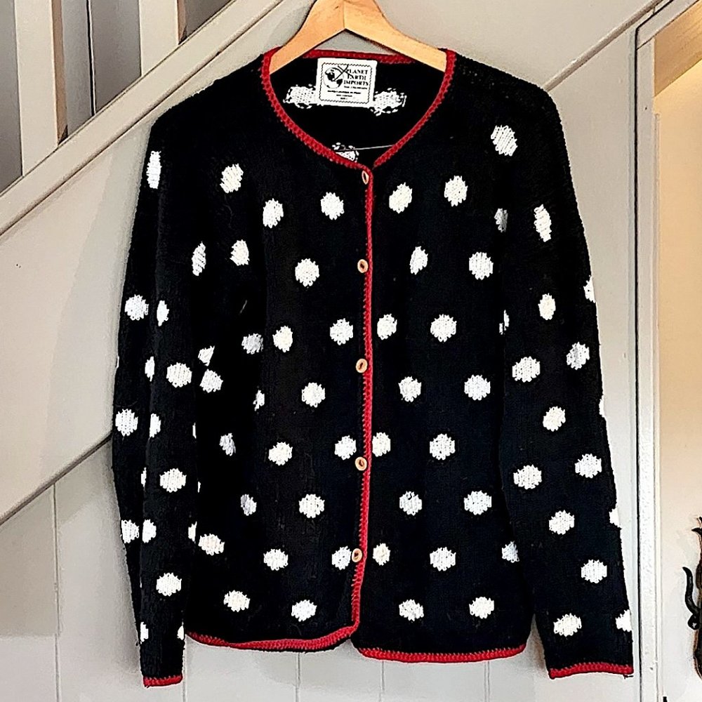 Very Cute Cotton Cardigan, Red Trim, Made in Peru, Approx. M/L
